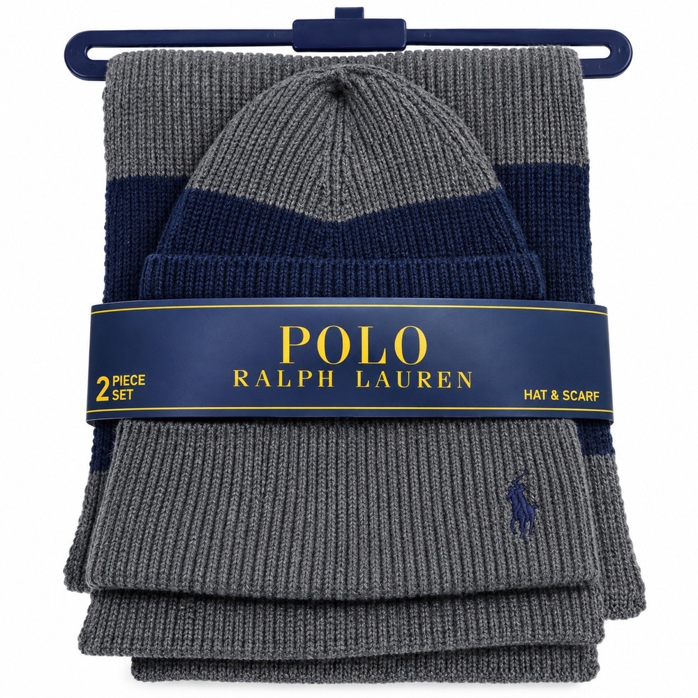 Polo Ralph Lauren 2 Piece Hat & Scarf Set Gray Navy Knit One Size NWT